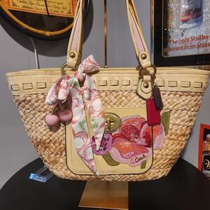 Coach Poppy Yellow and Pink Floral Straw Tote Bag